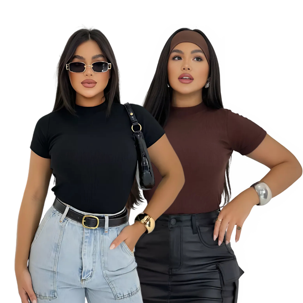 Kit 2 Blusa Básica Ribana Canelado Premium Casual Moda Gringa Basico Camiseta T-Shirt em Oferta na Shopee
