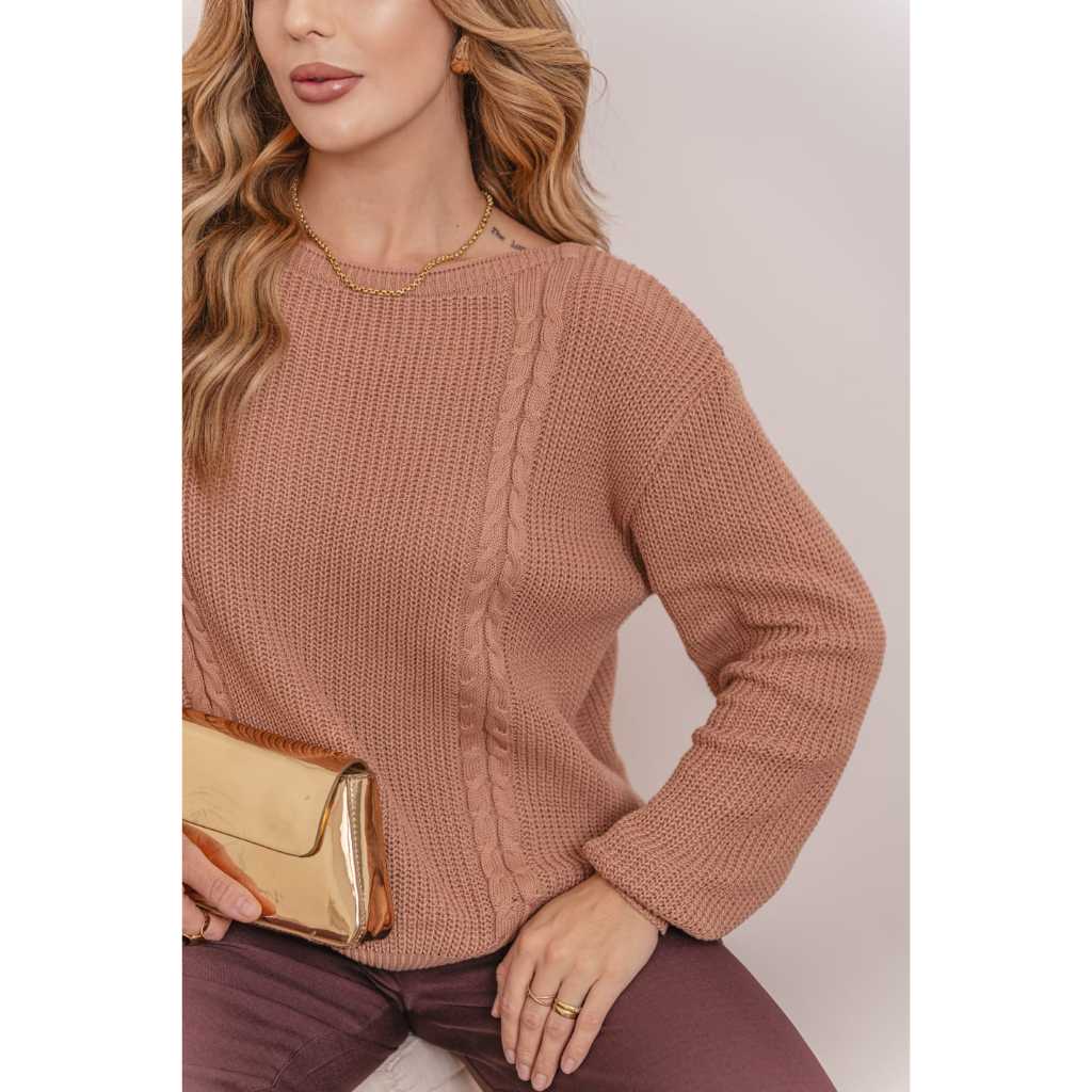 Blusa Feminina Tricot de Inverno com Trança Aberta na Lateral Manga Longa Tendência Outono/Inverno