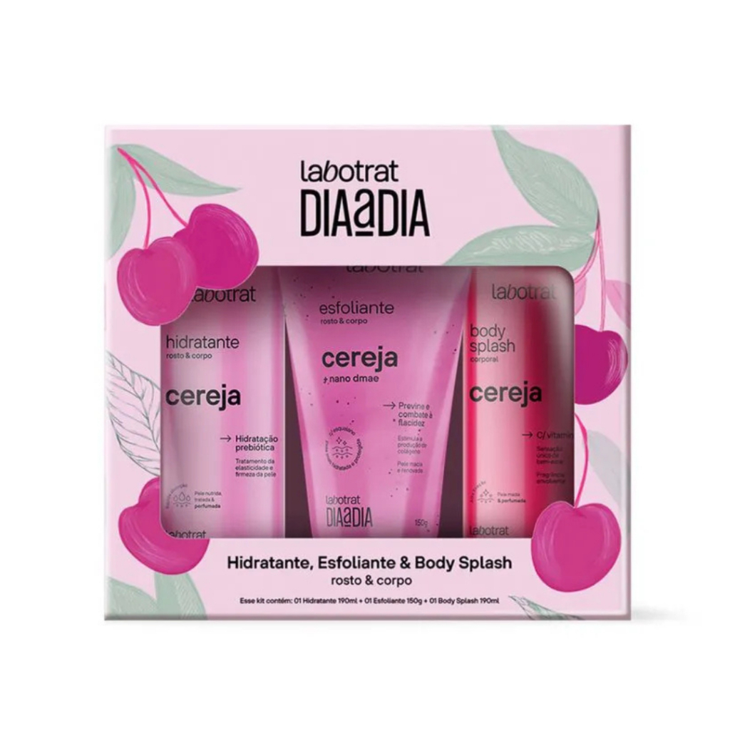 Kit Labotrat Cereja Hidratante 190ml + Esfoliante 150g + Body Splash 190ml