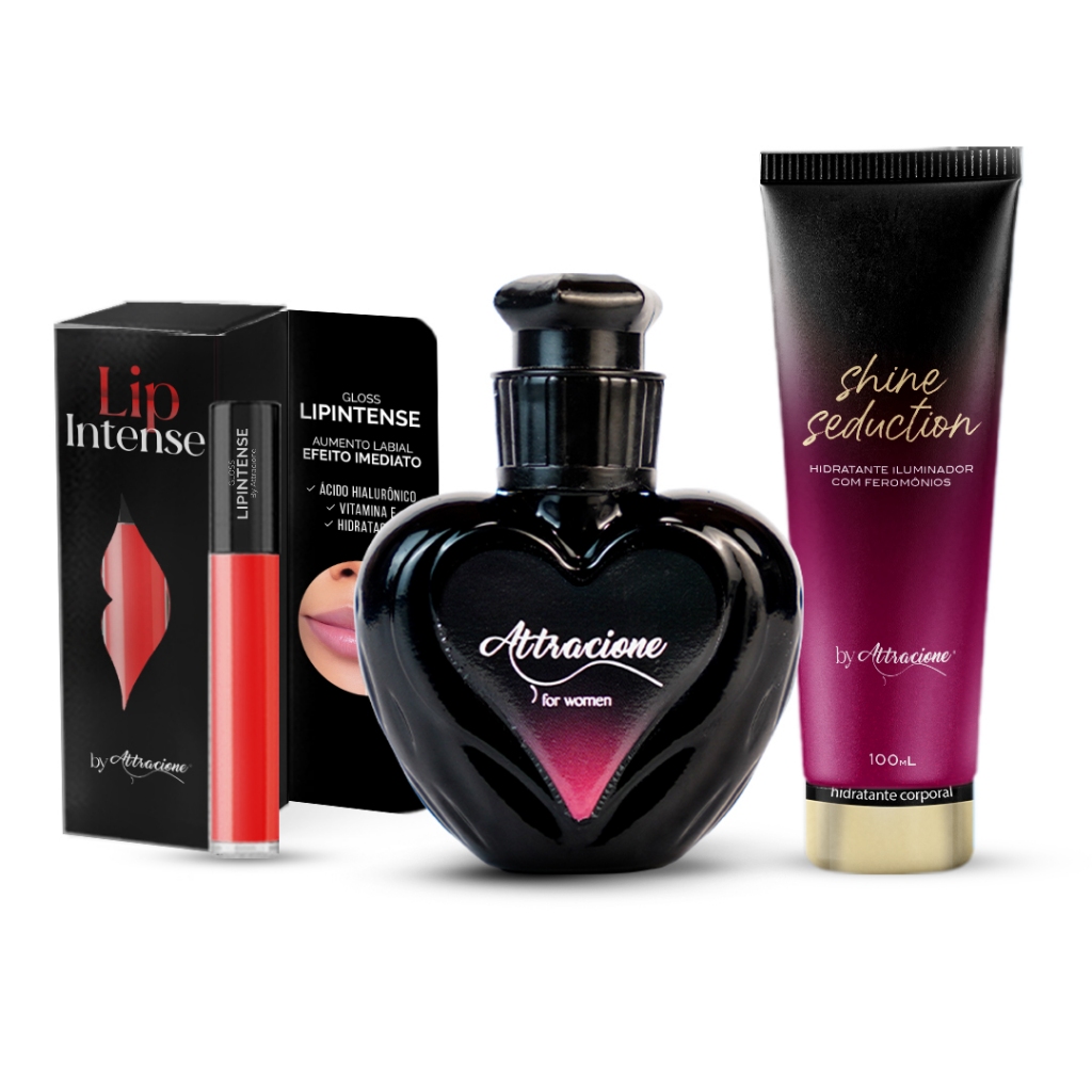 Kit Perfume Attracione+Hidratante Shine Seduction+LipIntense em Oferta na Shopee