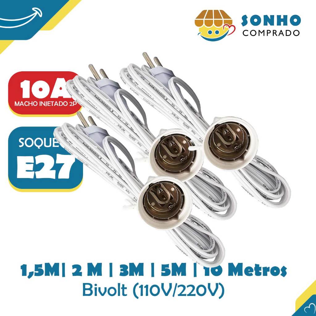 Extensão com bocal soquete para lâmpada 2P 10A branco cordão pendente Voltim E27 Festa Churrasco Artesanato Iluminação