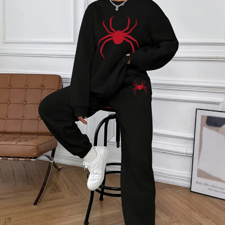 Conjunto Feminino Moletom Gola Redonda Calça Jogger Moletom Aranha Spider Red Quentinho
