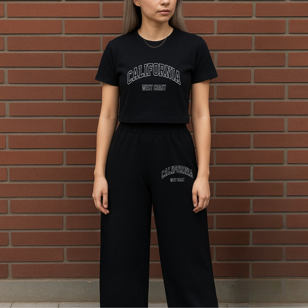 Conjunto Feminino Cropped e Calça Moletom Larga Wide Leg California West Coast Tendencia Streetwear