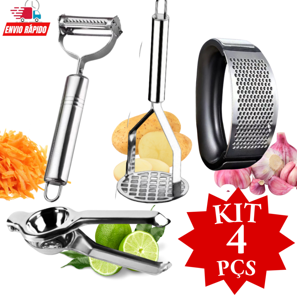 Kit 4 Peças Amassador Esmagador de Batata Legumes  Amassador De Alho Espremedor De Limão Descascador De Legumes Promoçaõ
