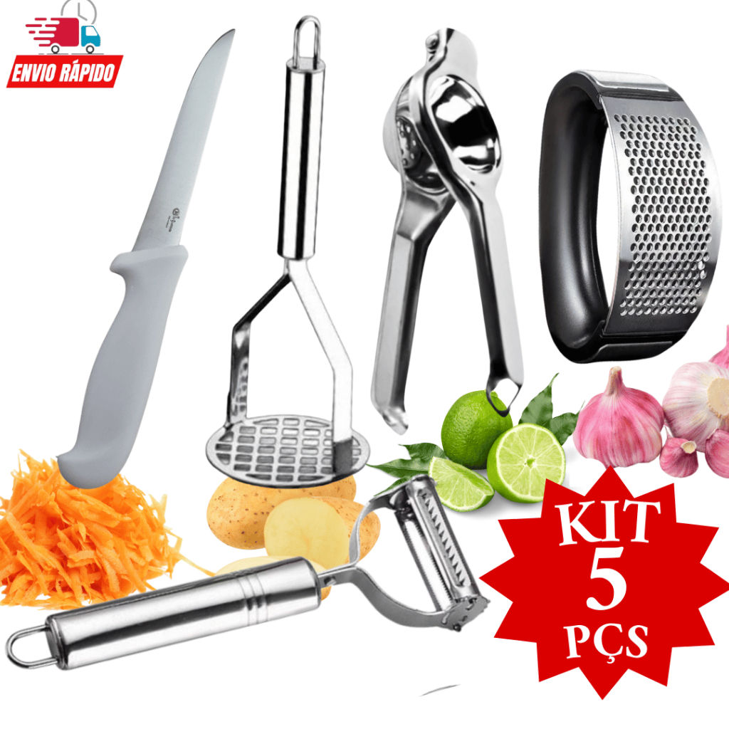 Kit 5 Peças Amassador de Batata Descascador de Batata Legumes  Amassador de Alho  Espremedor de Limão  Faca Desossa 6"