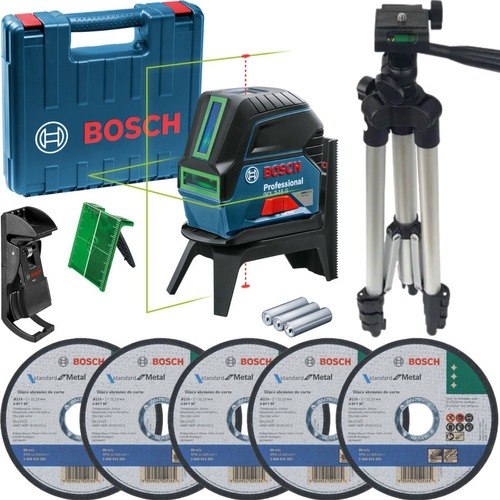 Kit Nível Laser Verde Bosch GCL 2-15G + Tripé + 5 Discos Corte Metal p/ Esmerilhadeira em Oferta na Shopee