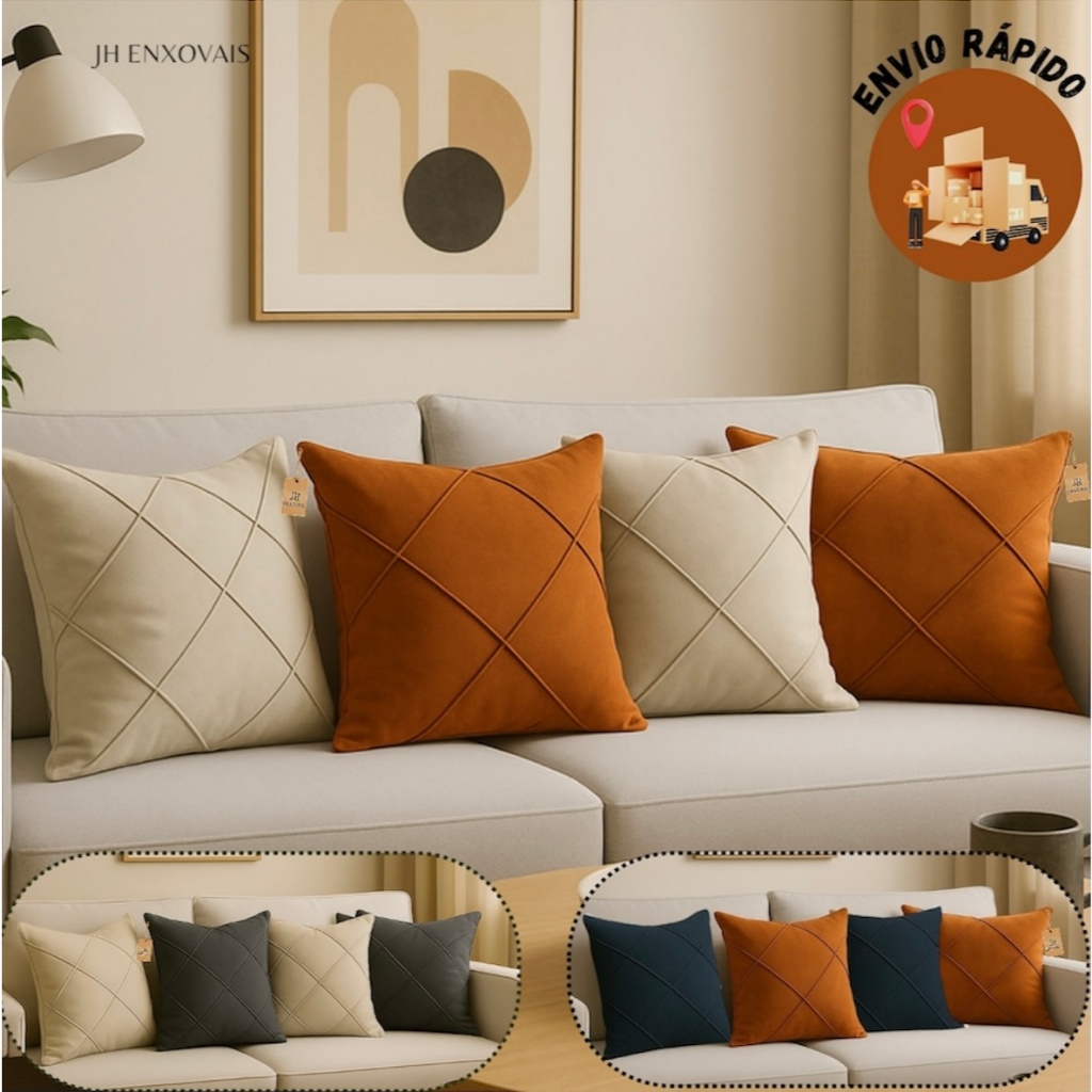 Kit 04 Capas de Almofada Suede Drapeada 45cmx45cm Decorativas Sala Sofá Quarto