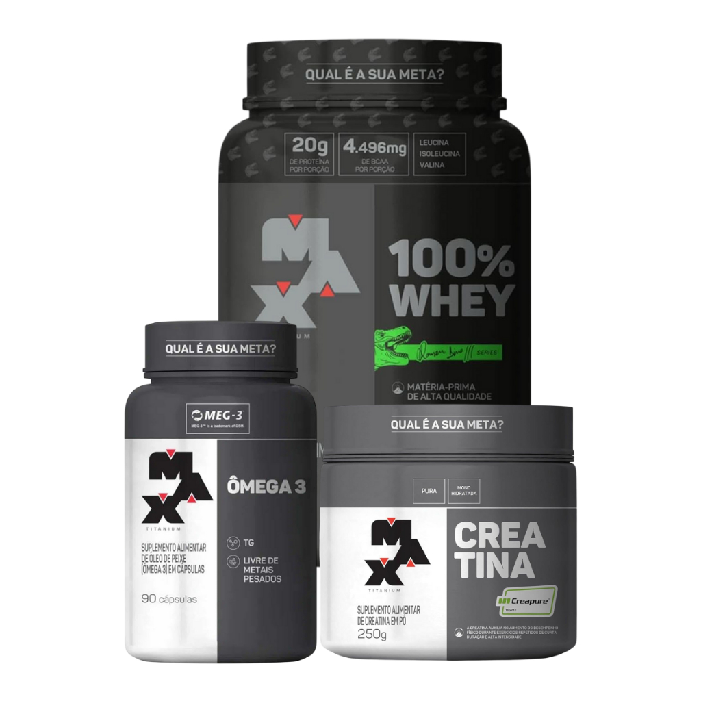 Kit Whey Protein 900g + Creatina Creapure 250g + Ômega 3 90Caps Max Titanium
