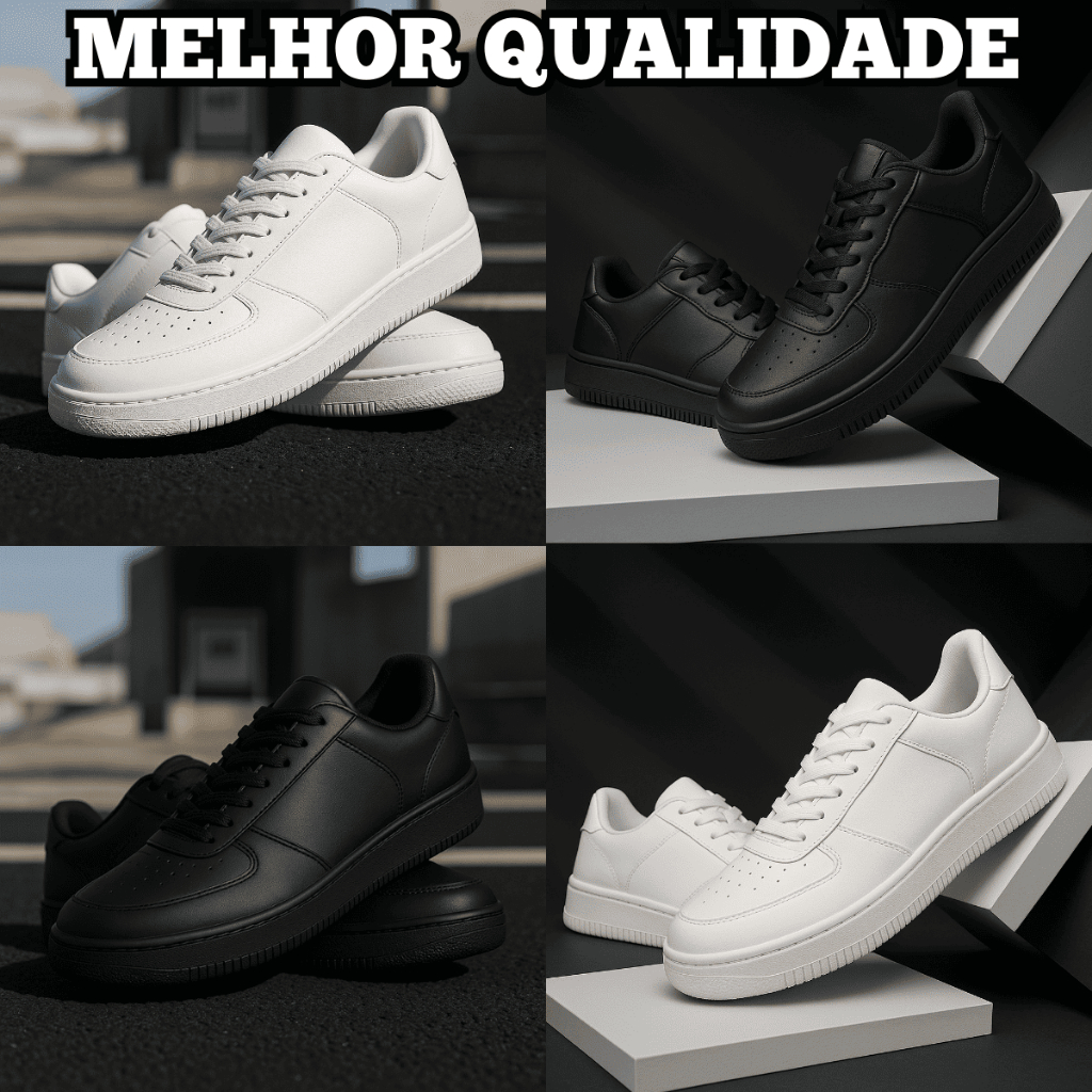 Tenis Masculino Couro Social Branco e Preto Todo Costurado Design atemporal