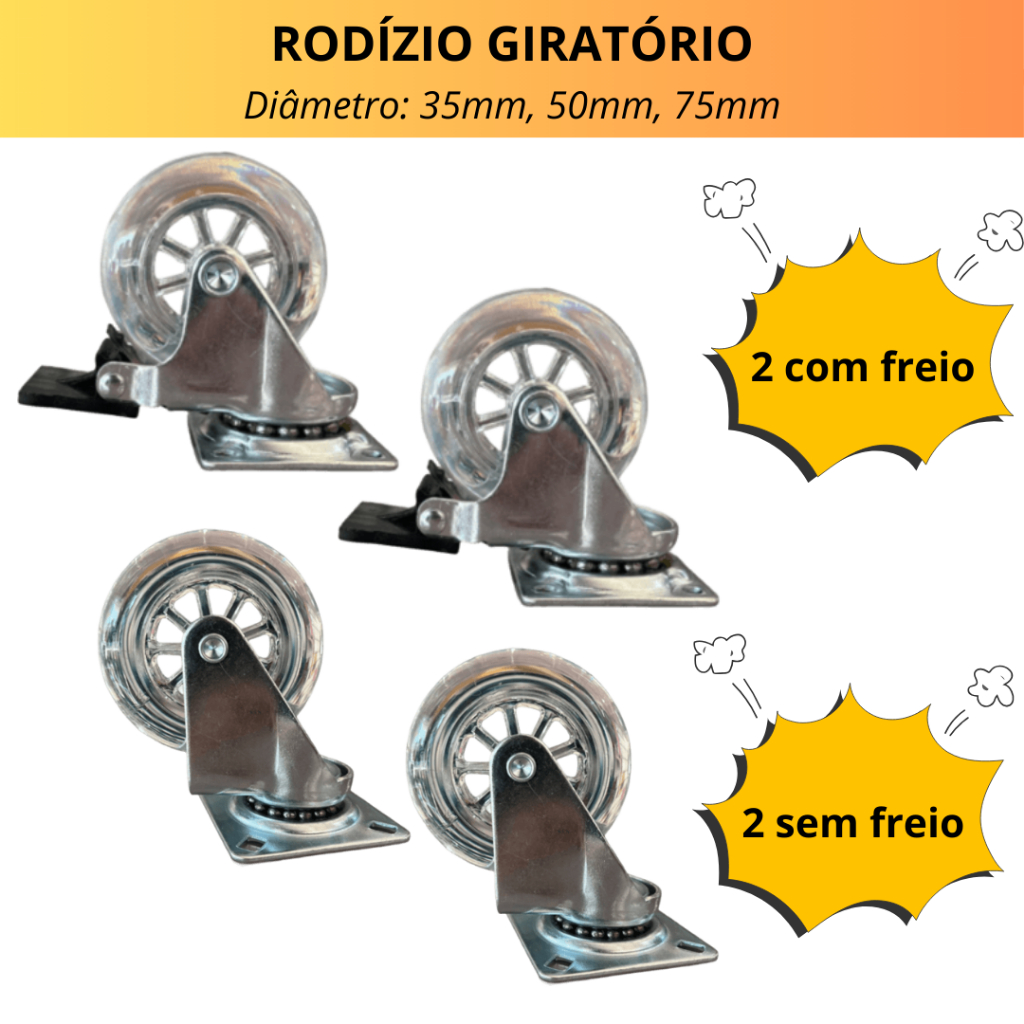 4 Rodizio Giratório de Silicone Rodinhas 2 Com Trava 2 Sem Trava - 35mm 50mm 75mm