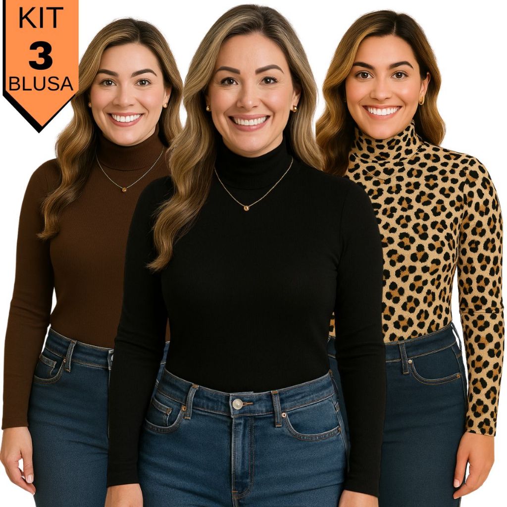 Kit 3 Blusas Feminina Gola Alta Cacharrel Canelada Manga Comprida Blusa de Frio T-Shirt