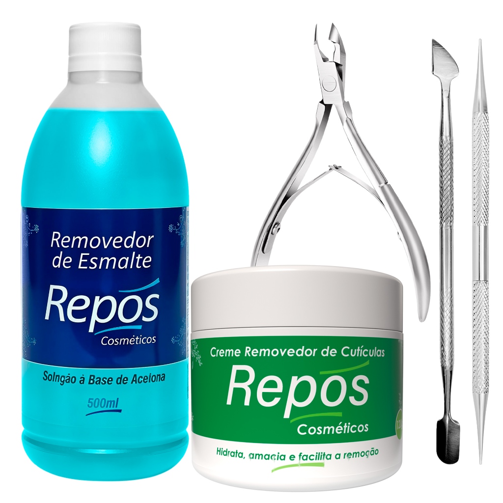 Kit Repos Acetona 500ml Creme Cutícula Alicate Espátula Palito Inox Manicure Profissional Completo