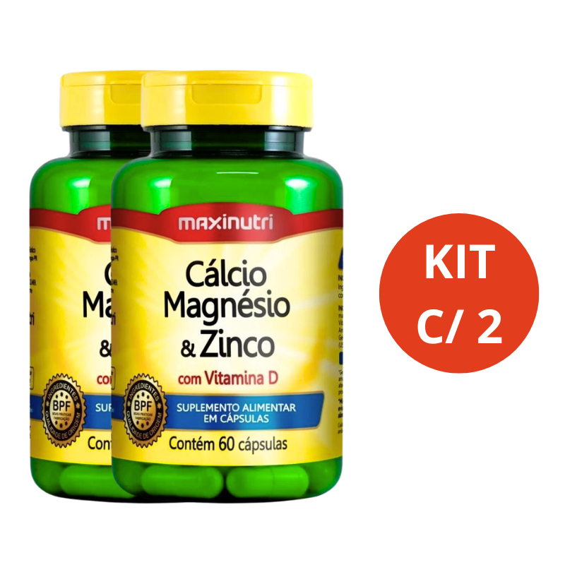 KIT C/2 CÁLCIO, MAGNÉSIO E ZINCO C/ VIT. D 600MG - 60CAPS MAXINUTRI