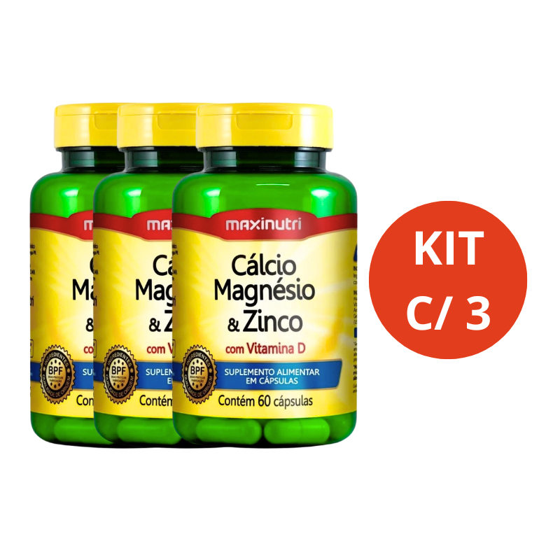 KIT C/3 CÁLCIO, MAGNÉSIO E ZINCO C/ VIT. D 600MG - 60CAPS MAXINUTRI