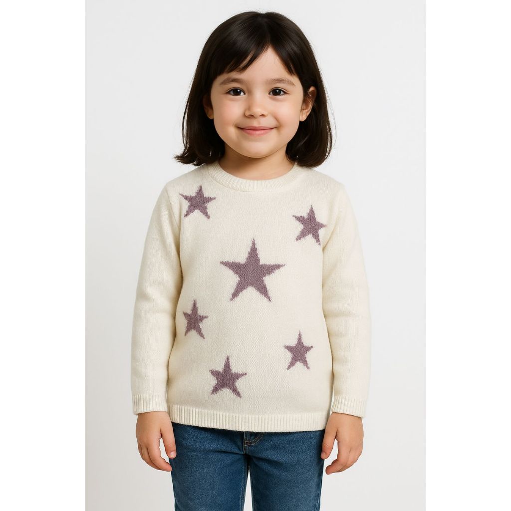 Suéter Blusa Tricô Infantil Menina Lã Bege Inverno Estrelas Tramadinhos Tricot