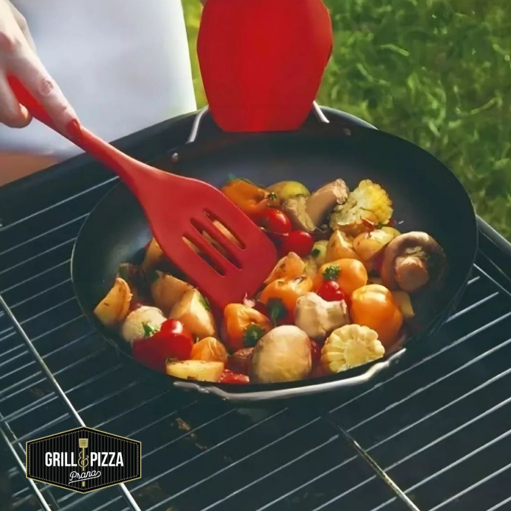 Grelha Wok Panela Churrasqueira Inox Antiaderente Frigideira Aço Legumes Grelhar Furada Com Alças Preta Prana