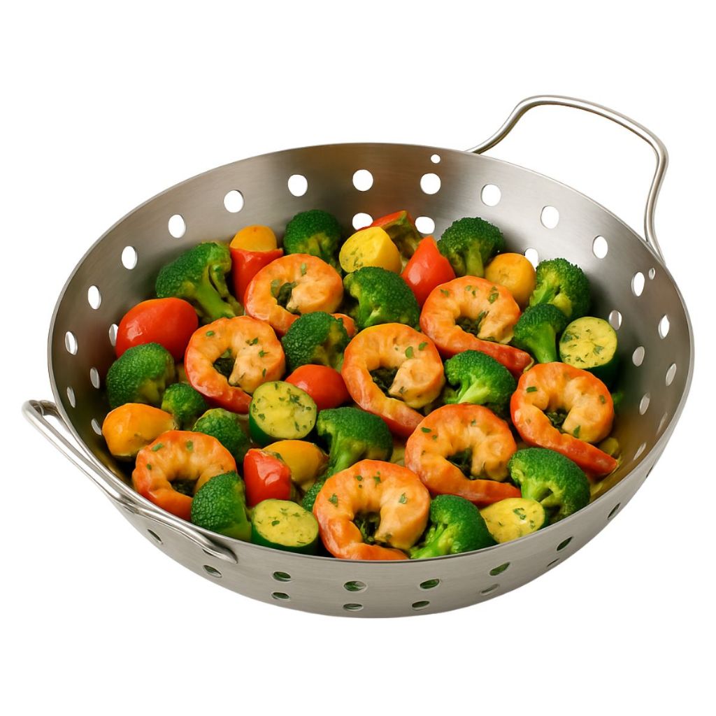 Panela Wok Grelha Inox Churrasqueira Carvão Assar Defumar Grelhar Legumes Peixe Camarão Coraçãozinho Frutos do Mar