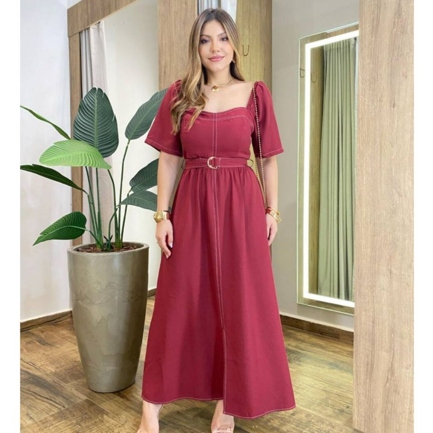 Vestido Longo Feminino Liso Cor Solida Marrom Elegante Manga Bufante Princesa Para Mulheres Vestidos Para Igreja Passeio
