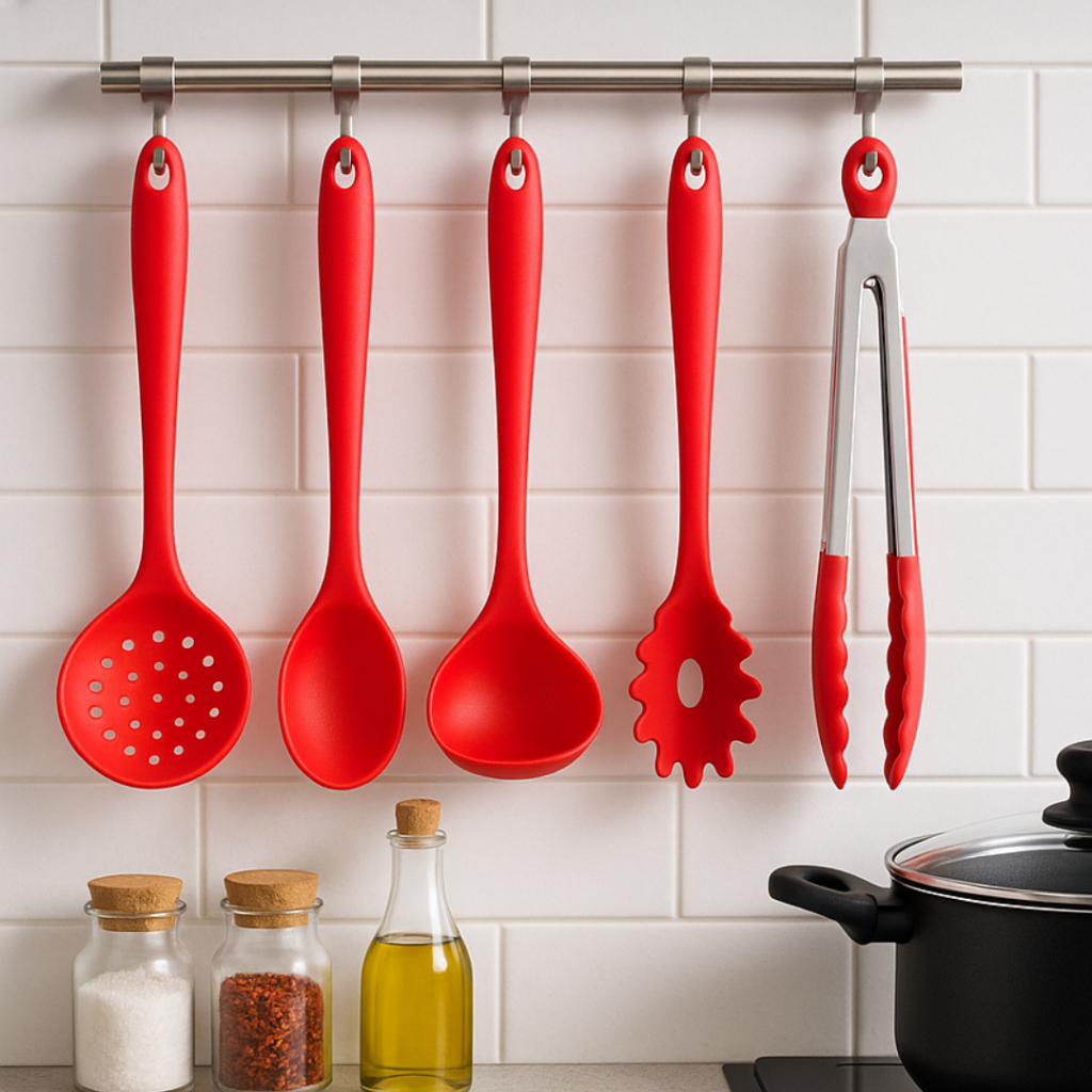 05un Utensílio de Cozinha  Silicone Vermelho Concha Espumadeira Colher Pegador e Pegador de Macarrão Silicone Vermelho