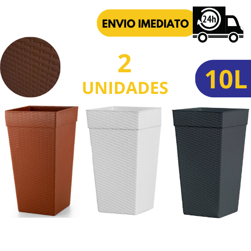 Kit 2 Vasos Coluna Rattan 10 Litros Preto Cerâmica Marmorizado Para Plantas Flores Decorativo