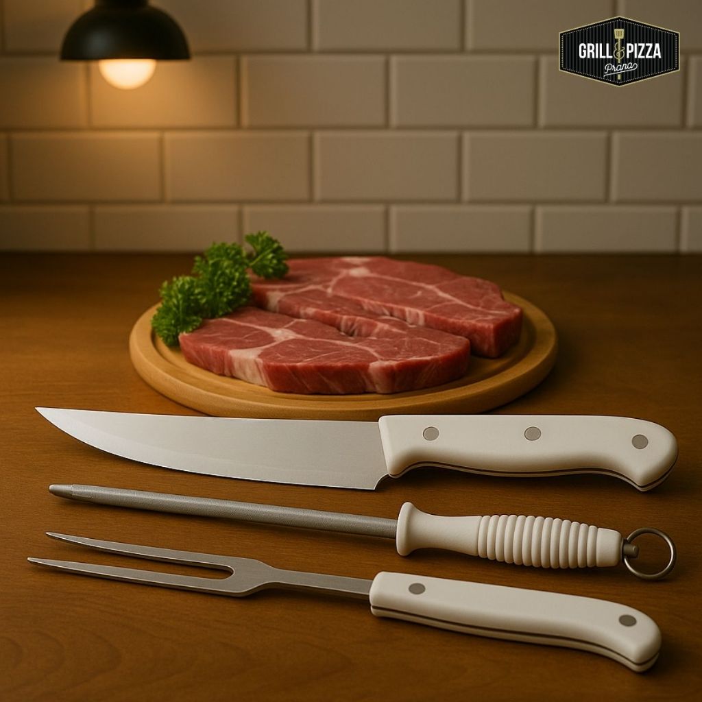 Kit Churrascos de Inox 3 Peças Faca Chaira Garfo Branco Cozinha Profissional Cor Branca Prana