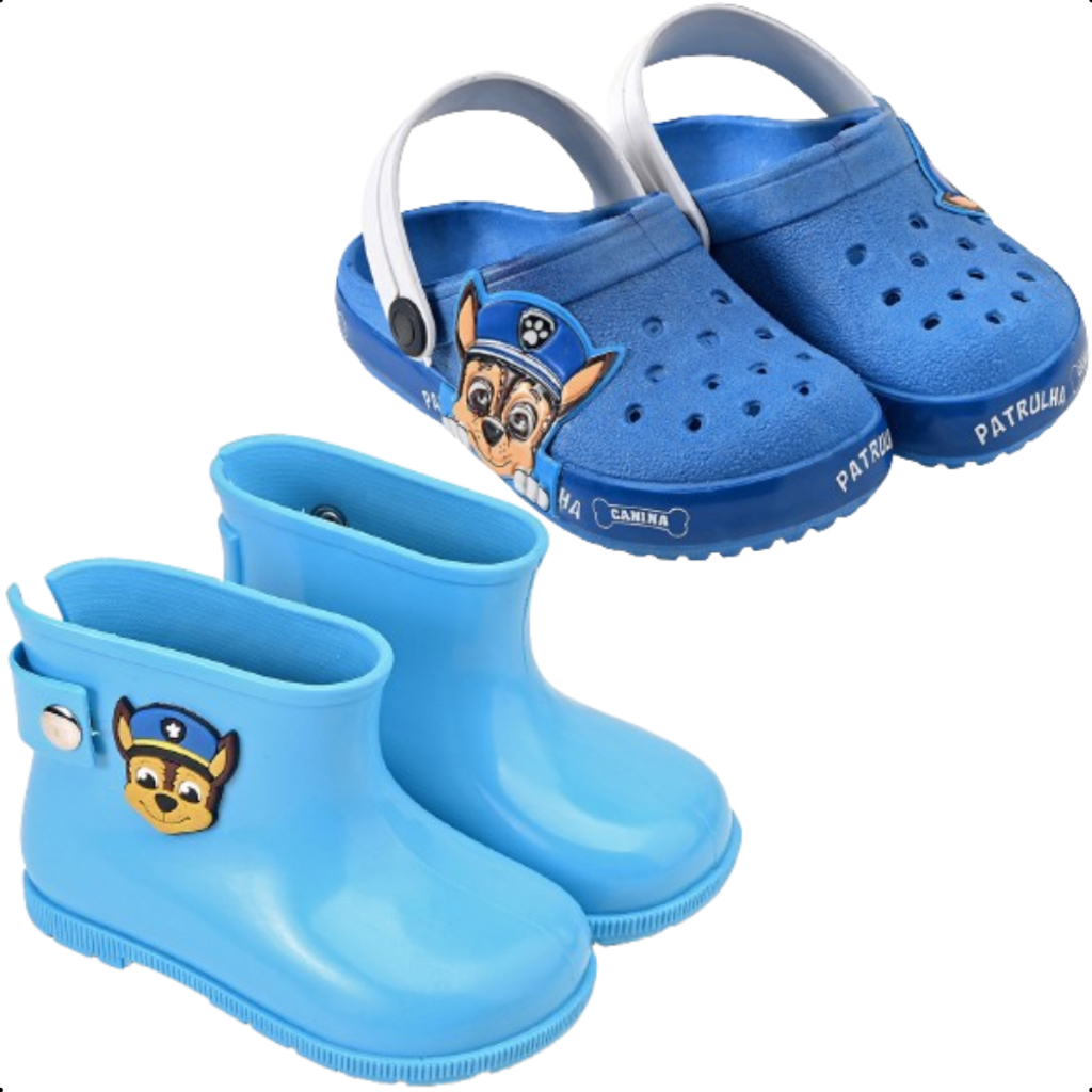 Kit Infantil Menino 2 Pares – Bota Galocha Impermeável + Babuche Patrulha Azul Confortável