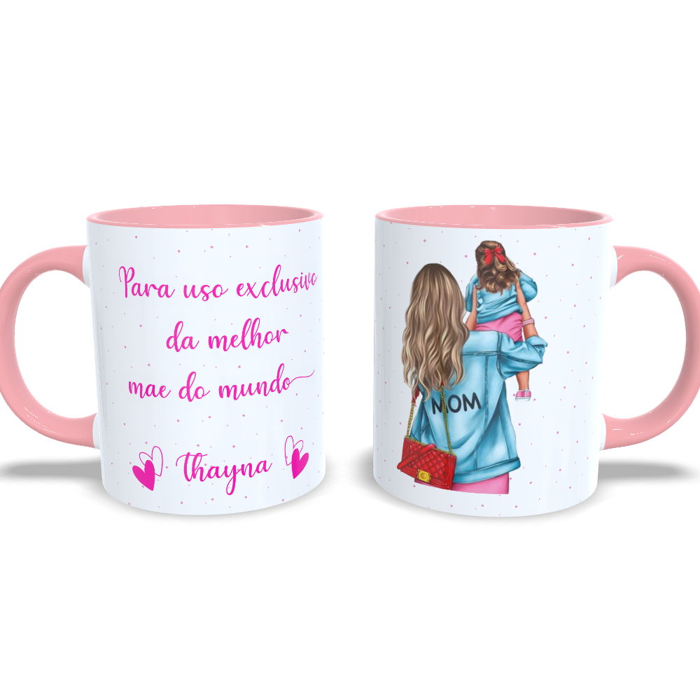 Caneca para mãe presente para uso exclusivo da melhor mãe do mundo com desenho de mãe e filha filho bebê loira morena