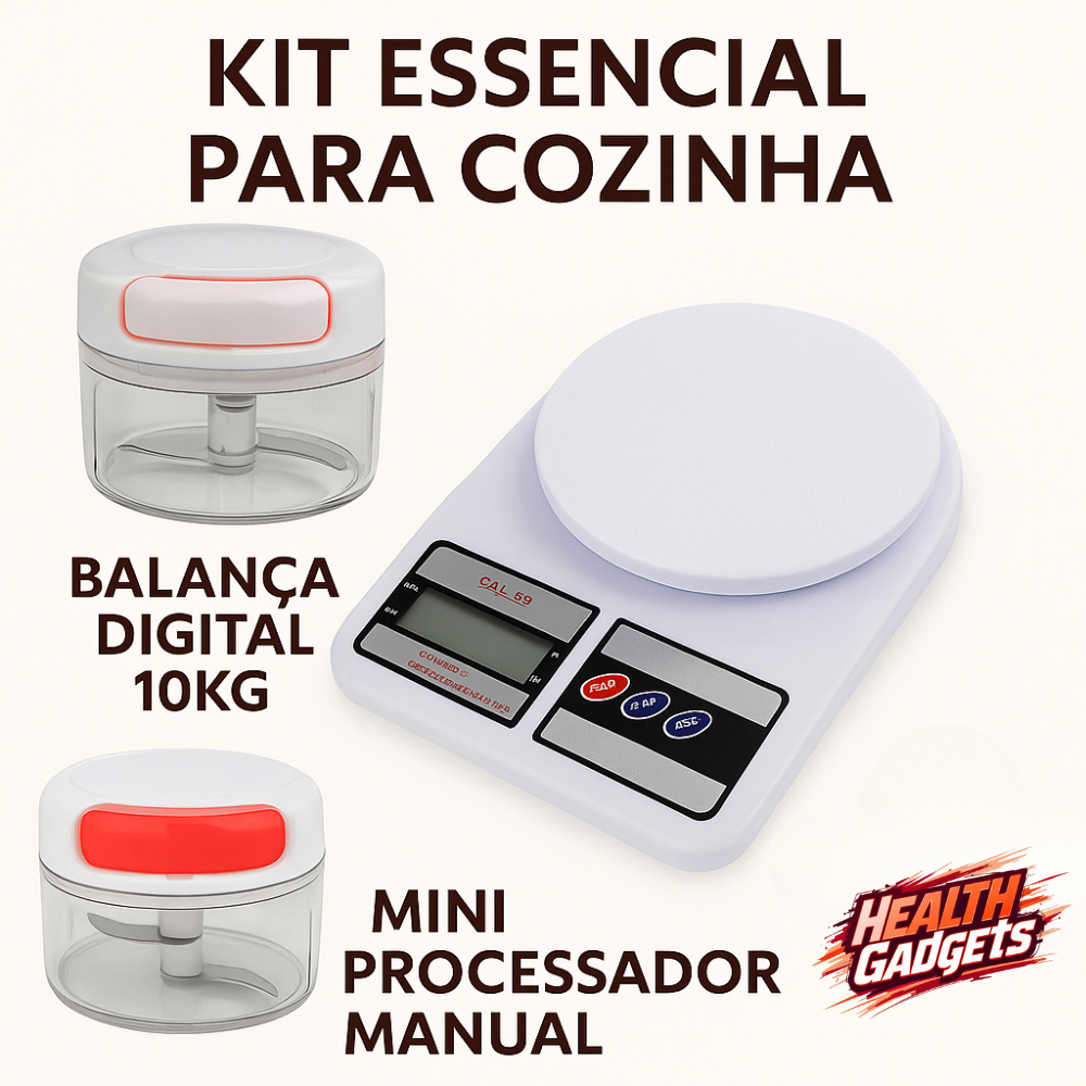 Kit Balança Digital 10kg Alta Precisão + Mini Processador Manual com Lâminas Inox para Cozinha