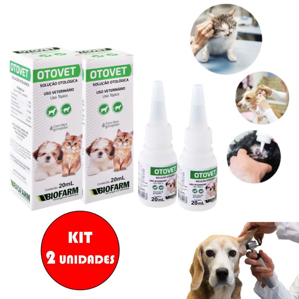 Kit 02 Otovet Solução de Tratamento Otológico Remédio Ouvido Otite para Cães e Gatos - 20mL  Biofarm