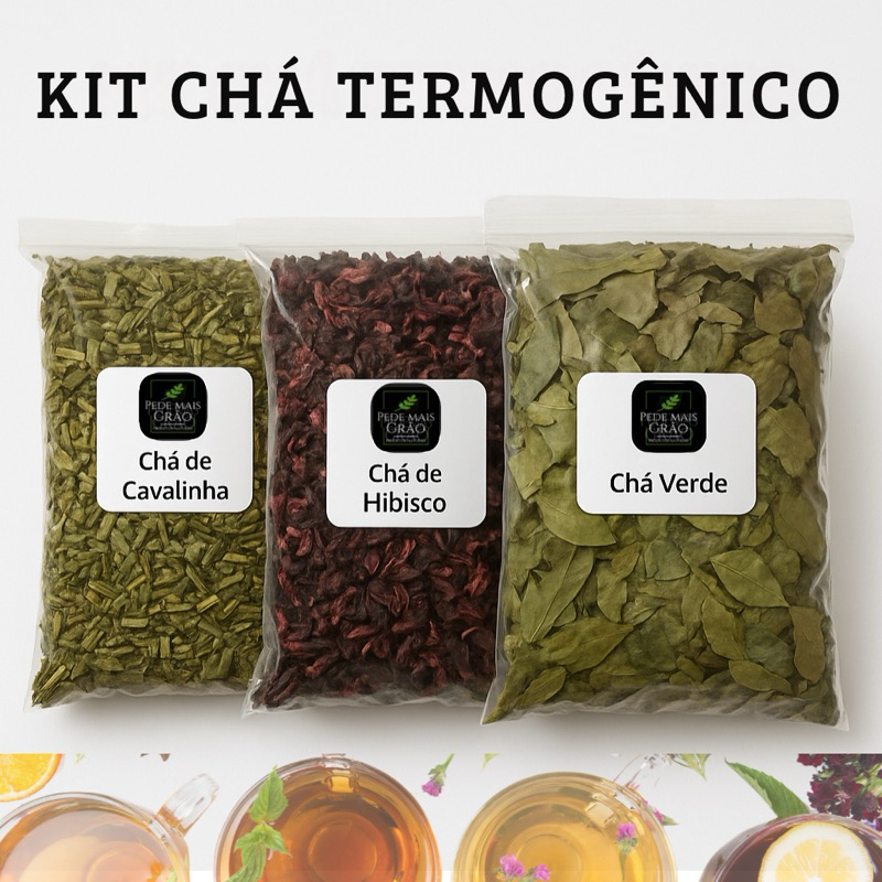 Kit Chá Termogênico Natural 3 Sabores | Hibisco, Cavalinha e Chá Verde | Pede Mais Grão em Oferta na Shopee