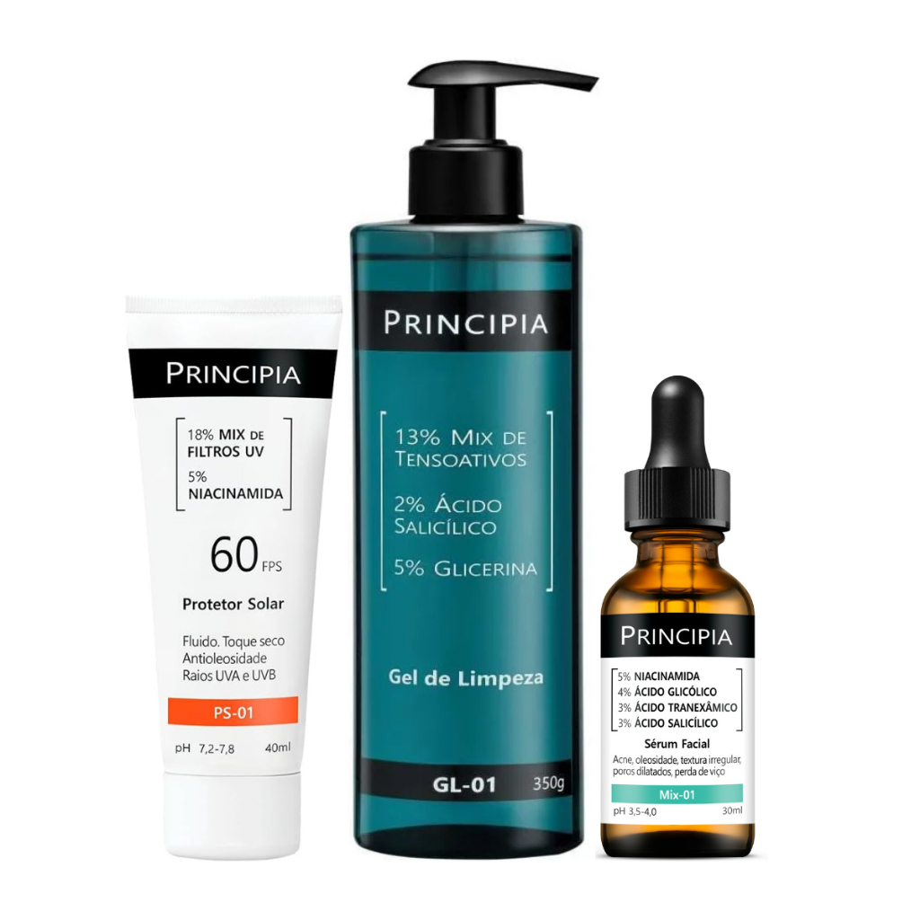 Kit Principia Anti-Acne Trio Gel de Limpeza GL-01 + Sérum Mix-01 + Protetor Solar Facial PS-01 em Oferta na Shopee