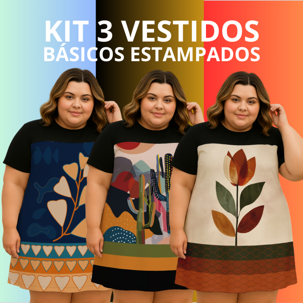 Kit 3 Vestidos Plus Size Camisão Soltinho Estampa Exclusiva Tecido Leve Sedinha Confortável Mãe