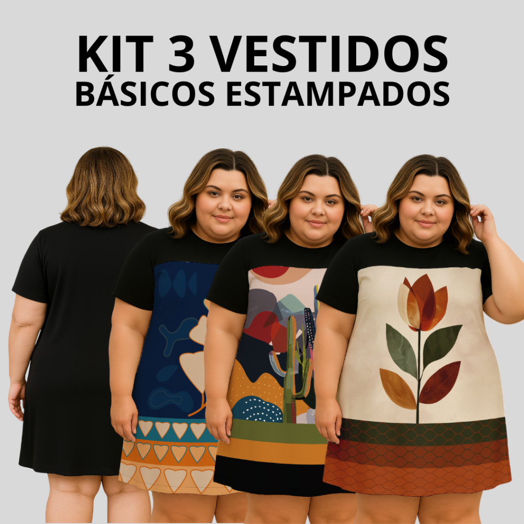 KIT 3 Vestidos Plus Size Camisão Soltinho Estampa Exclusiva Tecido Leve Sedinha Confortável Solto Basico