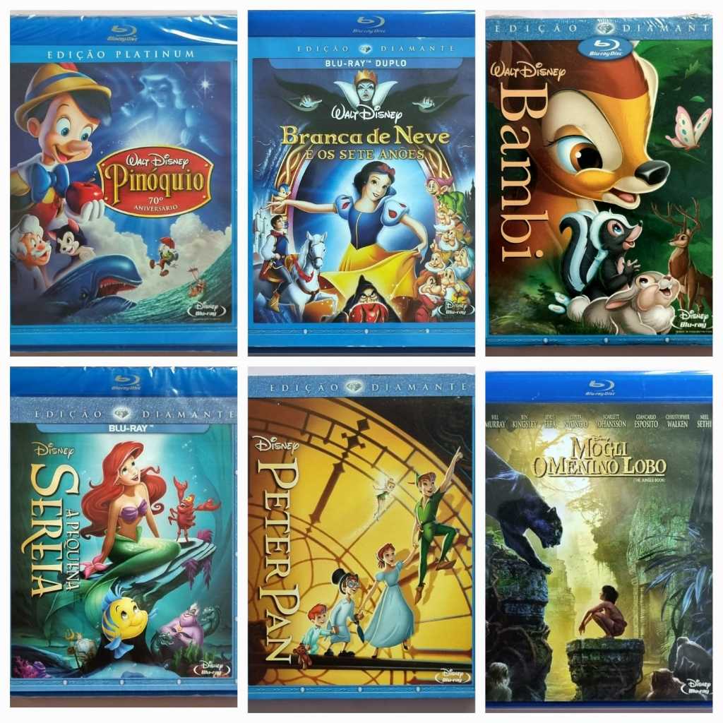 Blu Ray Disney Moana Pequena Sereia Peter Pan Bambi Pinoquio Branca de Neve Mogli Cinderela Maévola