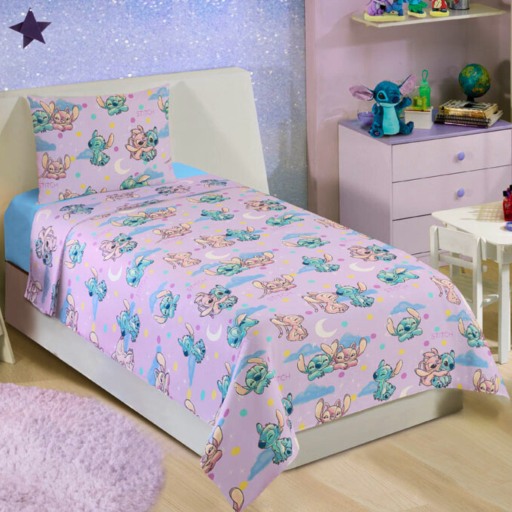 Jogo de Lençol 3 Pçs Stitch Infantil Elástico Fronha Menina Personagem Macio Jogo Cama Lilás