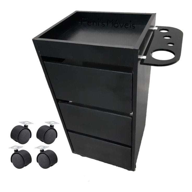 Carrinho auxiliar gaveteiro estética em MDF com suporte secador 90 cm Branco ou Preto