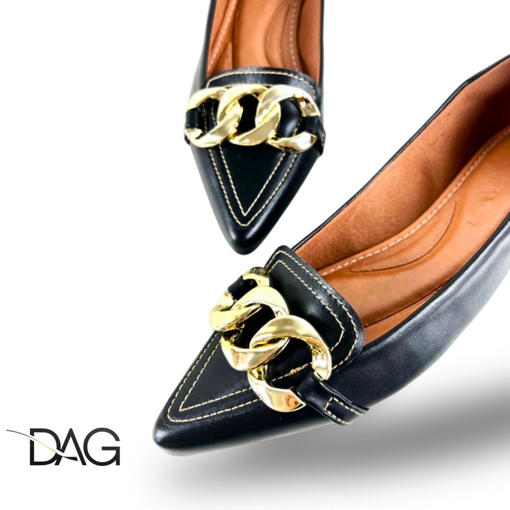 Sapatilha Feminina Carolina Bico Fino Corrente Três Elos | Pele Preto – elegante, urbana,sofisticada