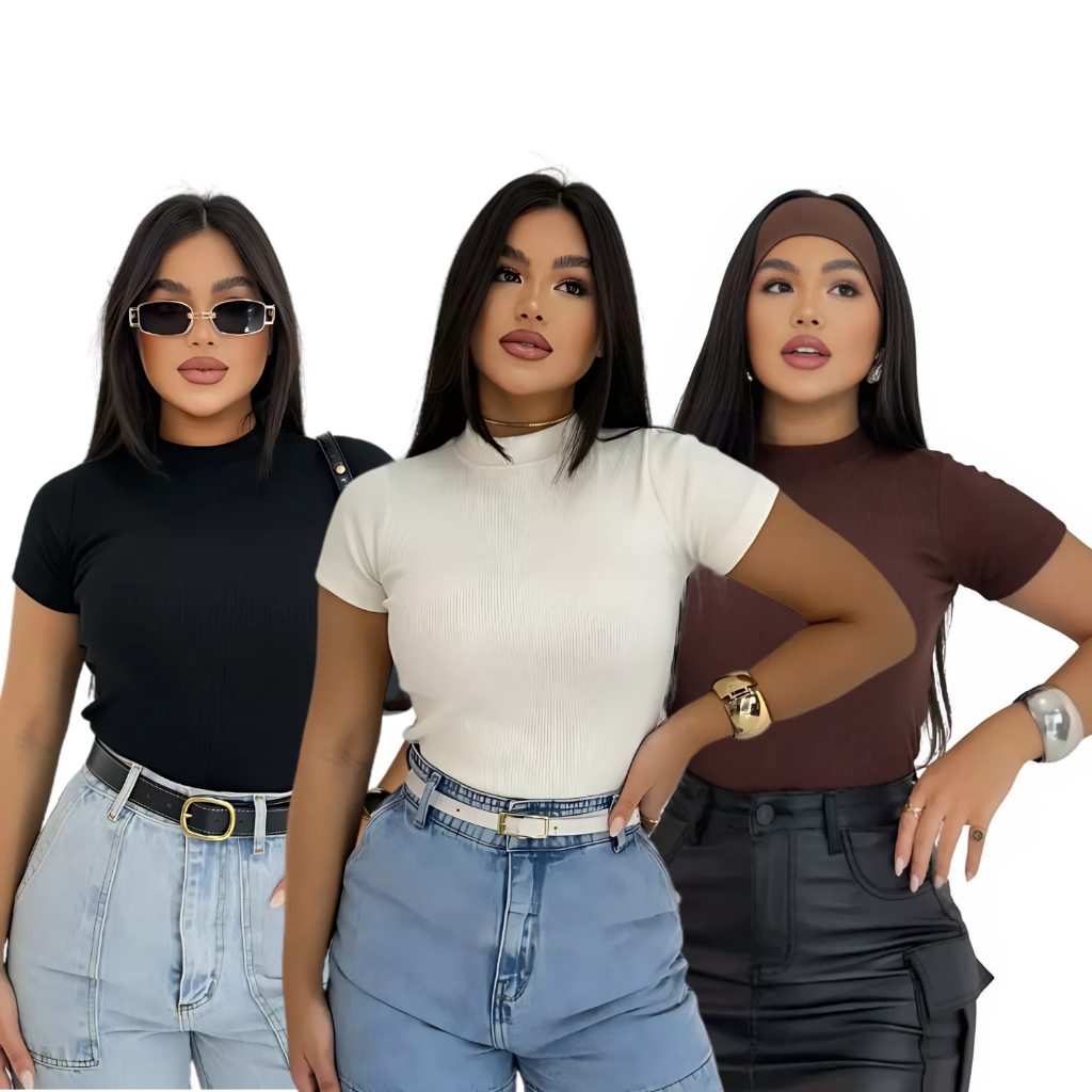 Kit 3 Blusa Básica Ribana Canelado Premium Casual Moda Gringa Basico Camiseta T-Shirt