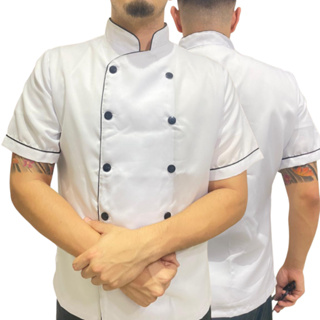 Dolma Chef de Cozinha Oxford UNISEX manga curta branco com vivo preto em Oferta na Shopee