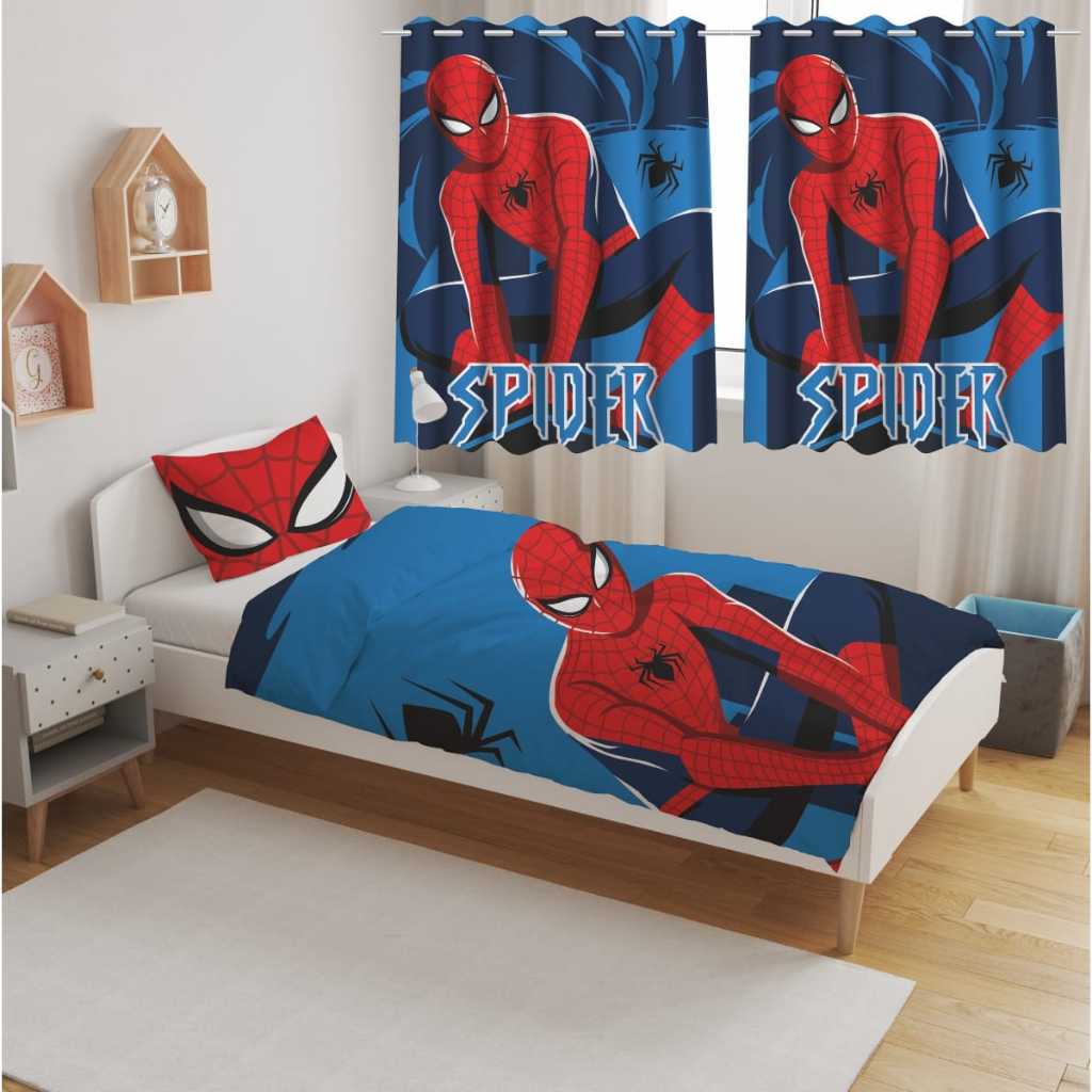 Kit Jogo de Quarto Infantil Cortina + Jogo Lençol, Kit Solteiro 3 Peças Casa Decoração Homem Aranha