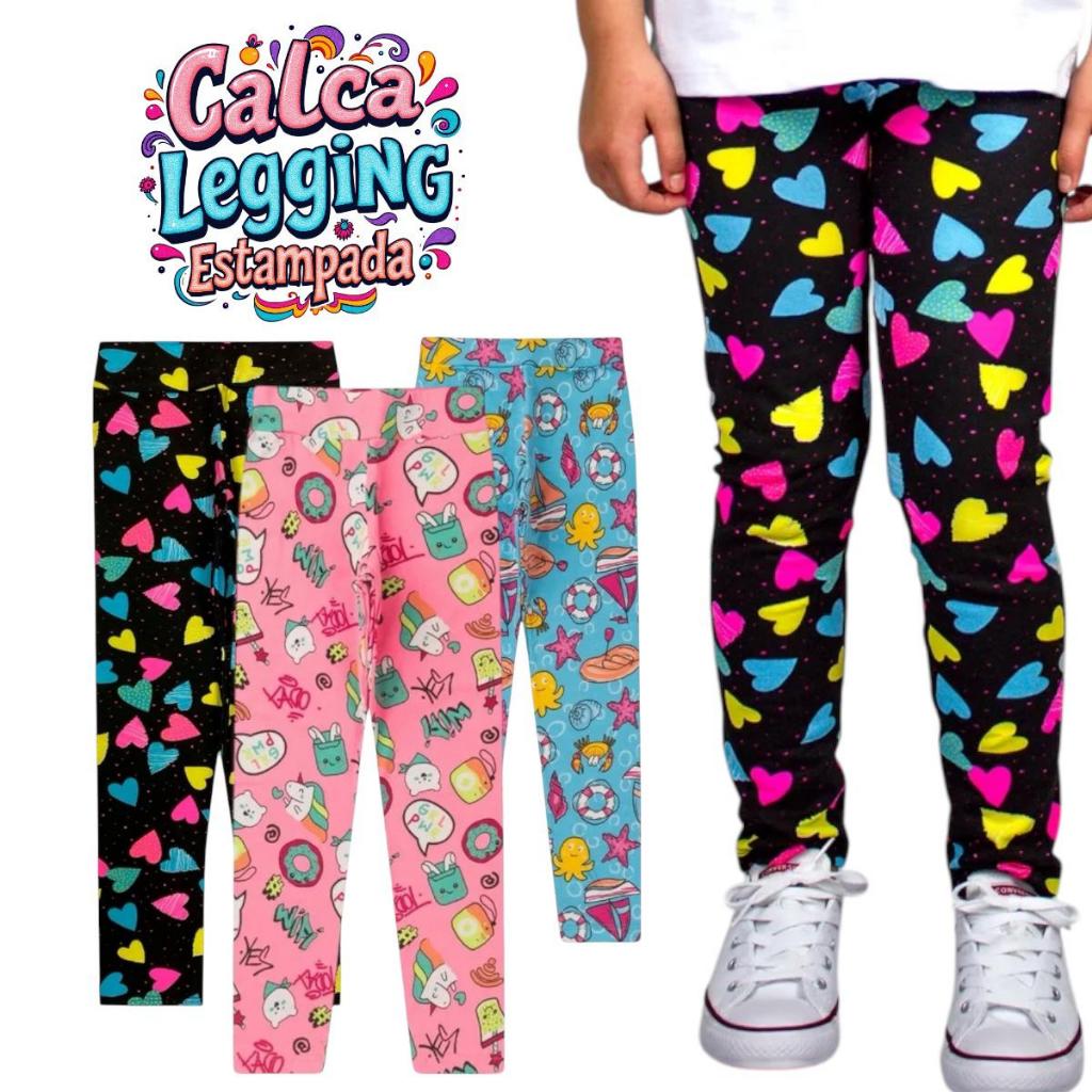 Kit com 3 Calça Legging estampada infantil menina cores alegres ENVIO ESTAMPA SORTIDAS