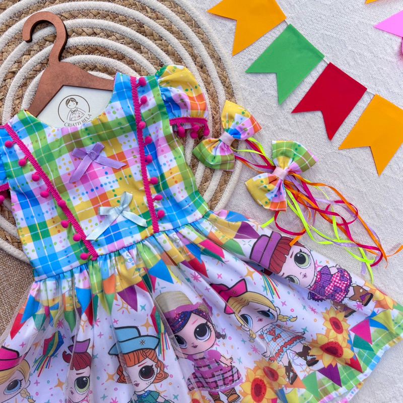 Vestido infantil QUADRILHA BONECA / ACOMPANHA 01 PAR DE LAÇO DO MESMO TECIDO (Festa Junina)