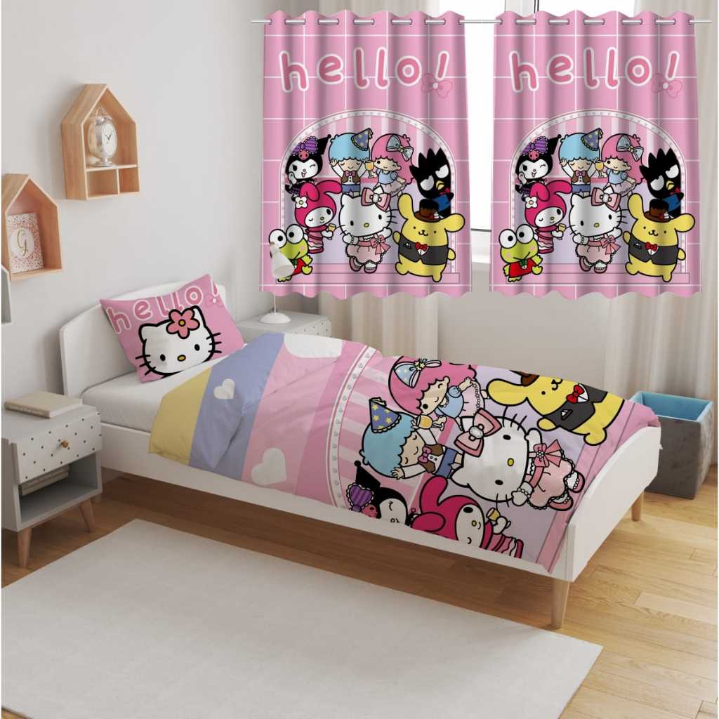 Kit Jogo Quarto Infantil Cortina + Jogo Lençol Kit Solteiro 3 Peças Casa Decoração Hello Kitty
