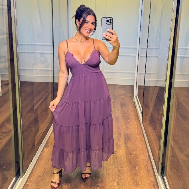 Vestido 3 Marias Feminino Gola V  e Alça regulável com Elastex nas Costas - Moda Casual