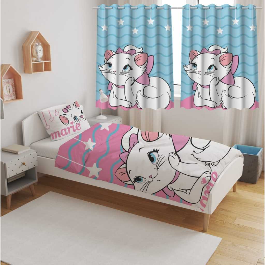 Kit Jogo Quarto Infantil Cortina + Jogo Lençol Kit Solteiro 3 Peças  Casa Decoração Gatinha Marie