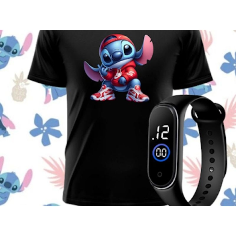 Kits Camiseta Estampada Stitch Com relógio Digital