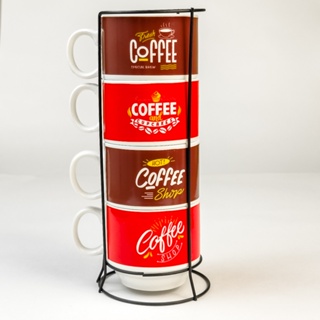 Kit 4 Xícaras Cerâmicas + 1 Suporte Torre de Metal 160ml Café Chá em Oferta na Shopee