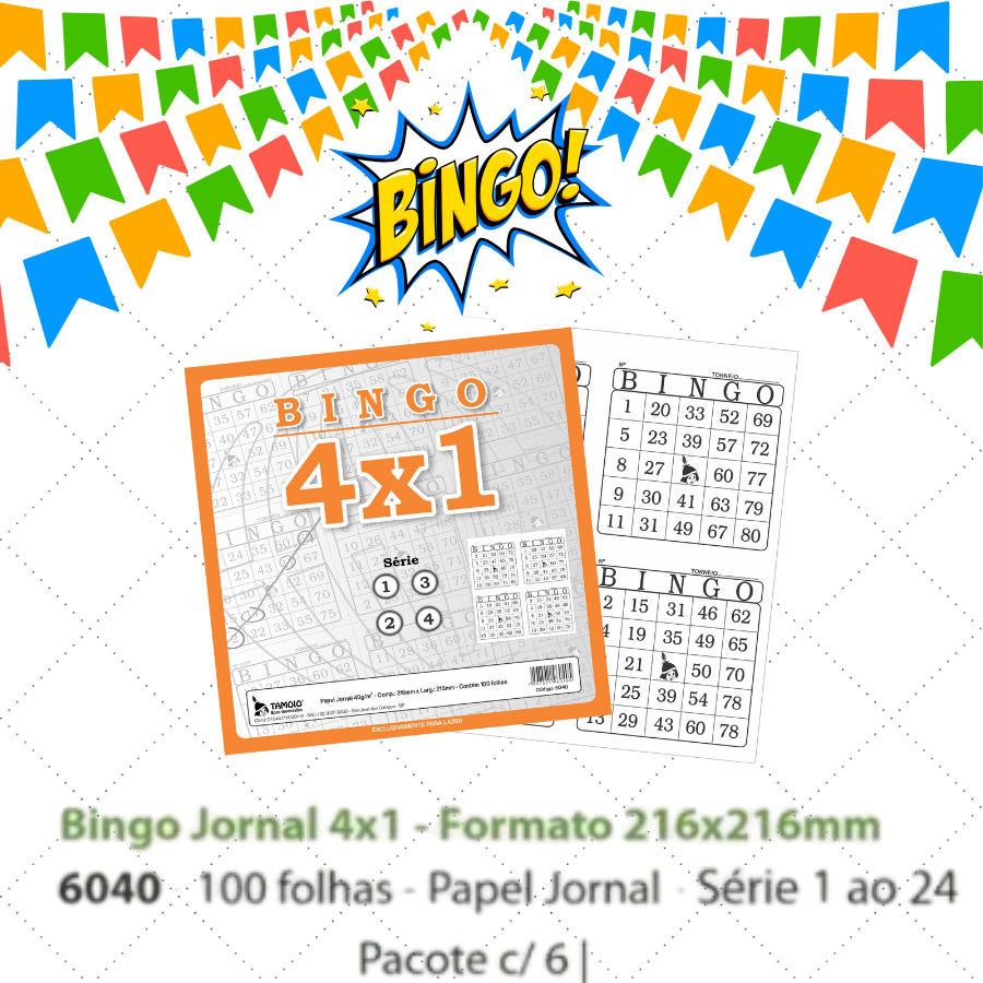 600 CARTELAS DE BINGO PARA FESTA JUNINA PAPEL JORNAL BINGÃO 4X1 TAMOIO (6 BLOCOS)