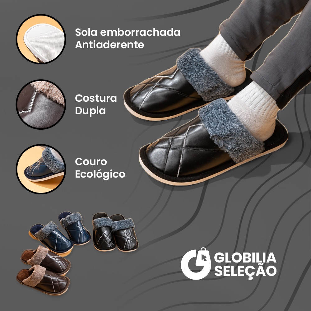 Pantufa Chinelo em Couro Ecológico Sola Emborrachada Antiderrapante Adulto Dupla Costura FTX6553RO