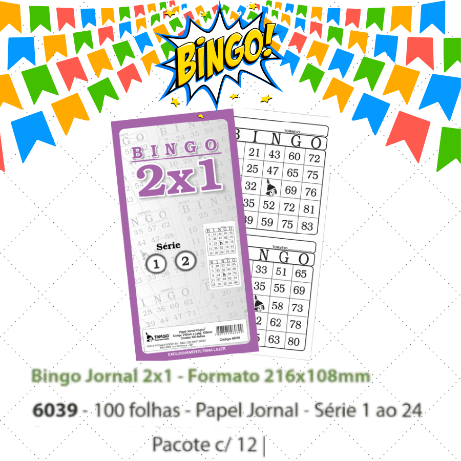 1200 CARTELAS DE BINGO PAPEL JORNAL BINGÃO 2X1 TAMOIO (12 BLOCOS)